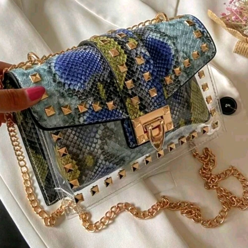 NWT Snakeskin Pattern & Clear Blue Green Gold Chain Crossbody Bag